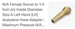 Western Enterprises Brass Hose Adaptors, Female Swivel/barb, A-size, Lh (bin 36). Fixed Price $10.69.