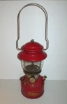 Vintage Red Coleman Single Mantle Lantern #200A 1/65 With Pyrex Glass Shade. Fixed Price $139.00.