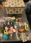 Vintage Redmon Sewing Storage Stool Filled With Materials Buttons, Pins, Thread. Fixed Price $79.99.