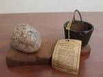 Early Canadian Lighter Canada Forge Iron Pot Stone Rock Striker Wood Stand Tag. Fixed Price $5.14.