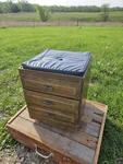 Vintage Mcm Rolling Sewing Seat Stool Padded Storage Box Wood 3 Drawer Chest. Fixed Price $99.00.